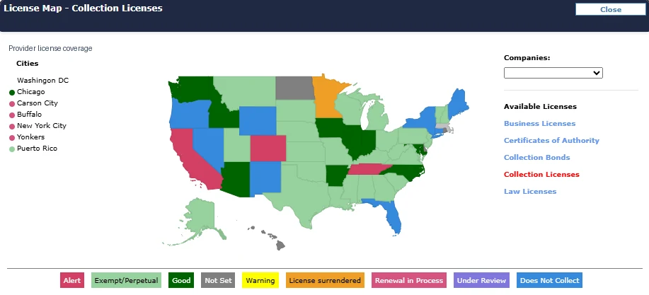 CMS license tracking map showing state-by-state color-coded collection license statuses, license categories and a status legend